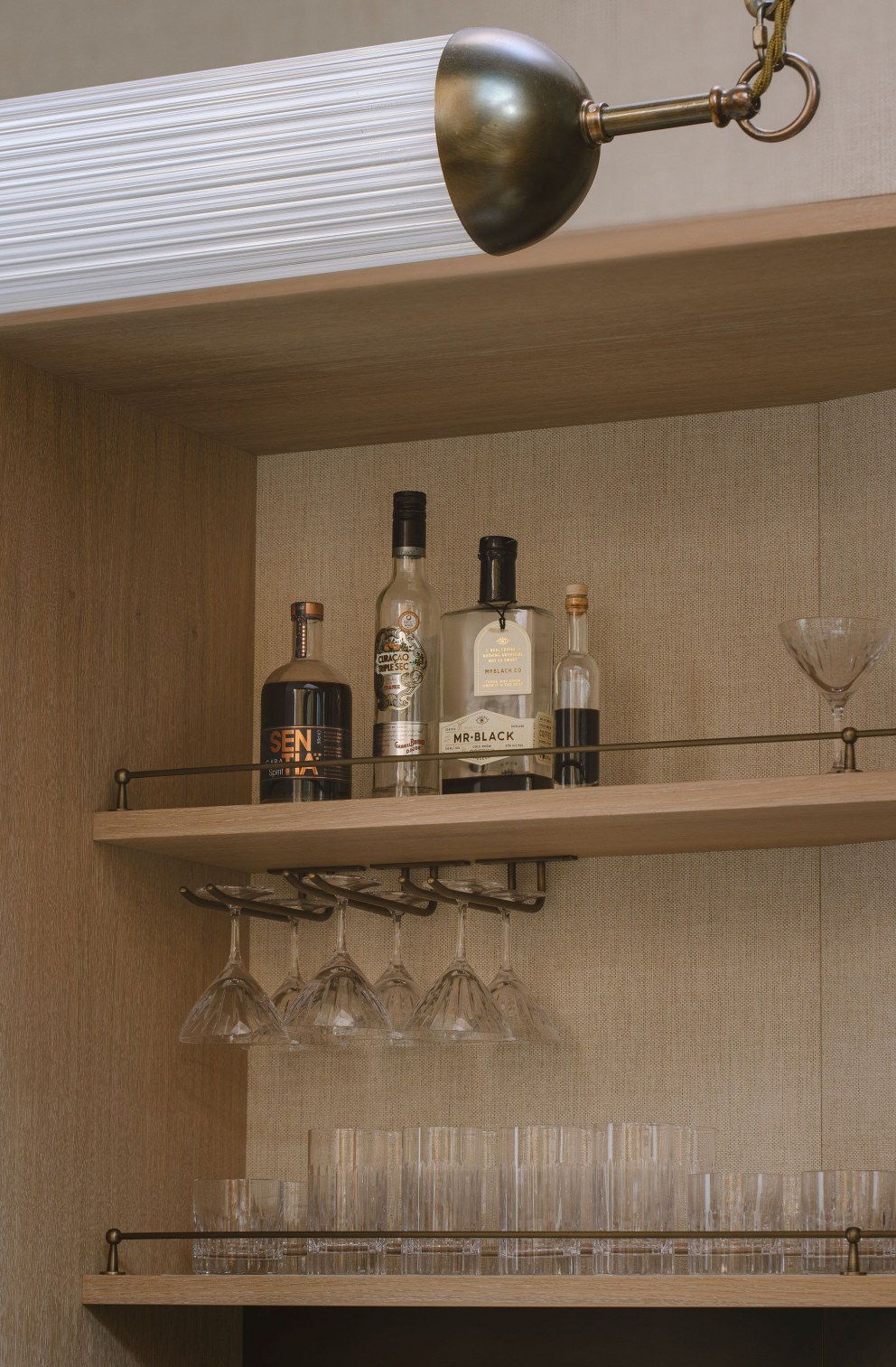 Bespoke home bar | Linen Back Bar Shelves | Interior Designers